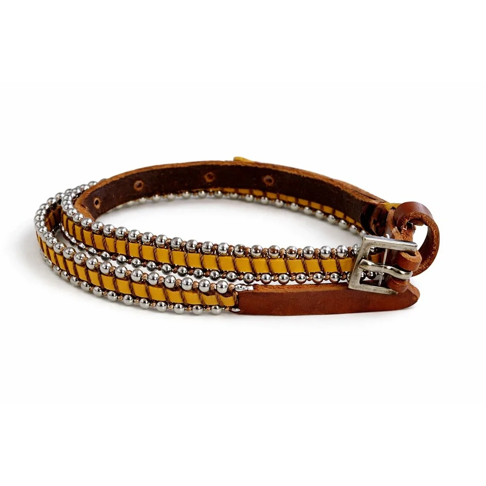 Anthropologie Yellow Leather Studded Skinny Belt Silver Ball Bead Woven Size‎ M